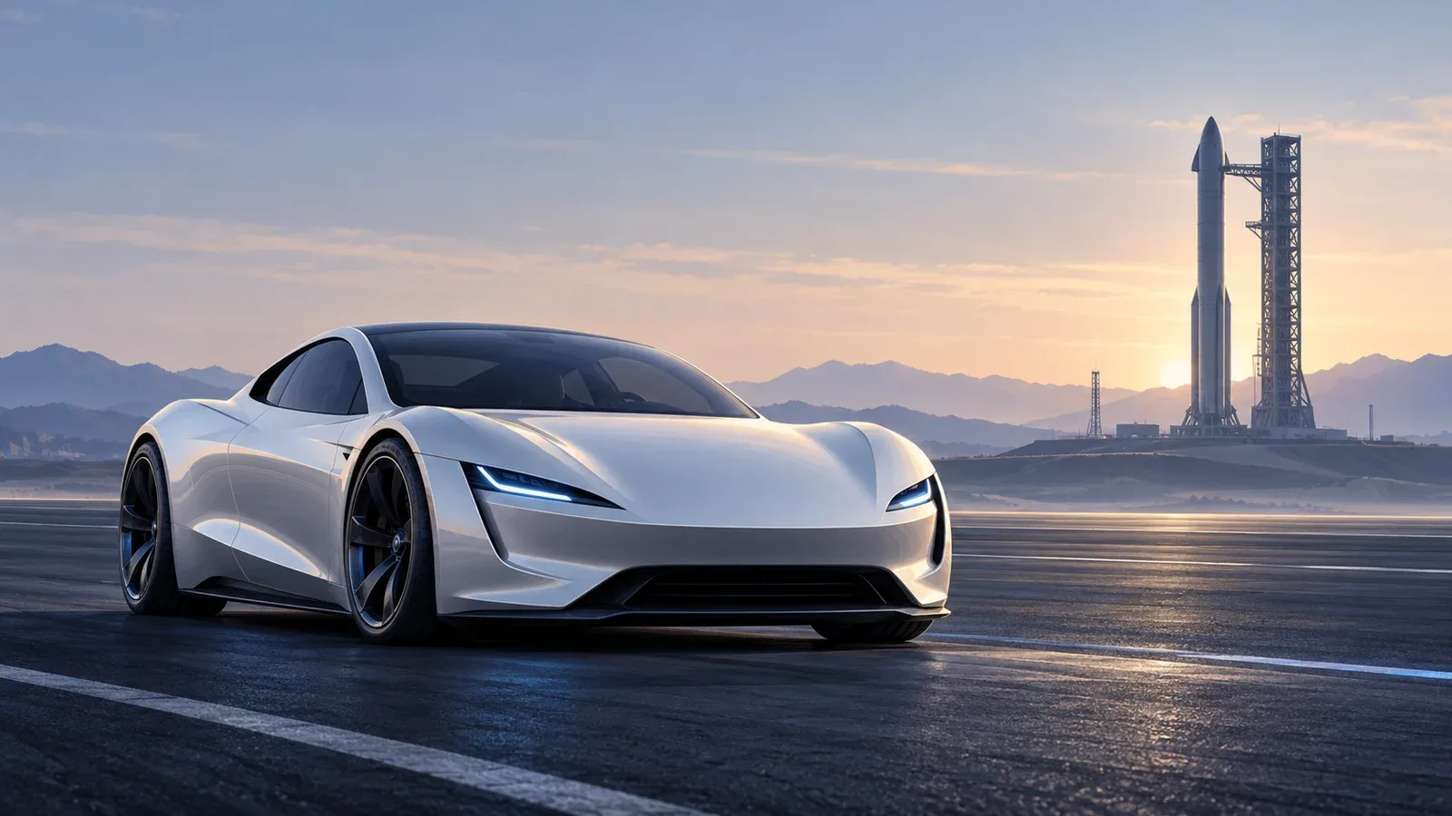 AI-generated illustration of an electric sports car with a reusable rocket in the background.